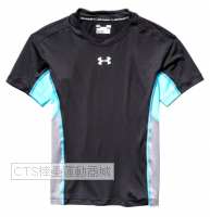 UA  1257555系列HG輕量花色短袖緊身衣(黑/天空藍)